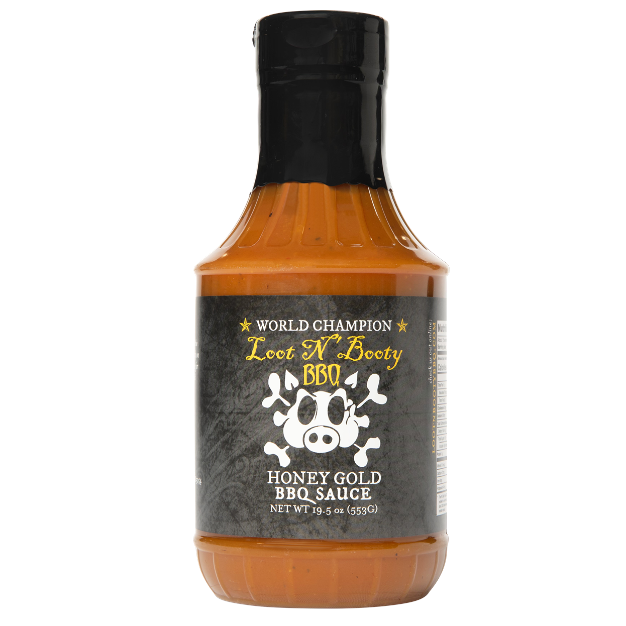 Bottle of Honey Gold Sauce with a black cap on a white background