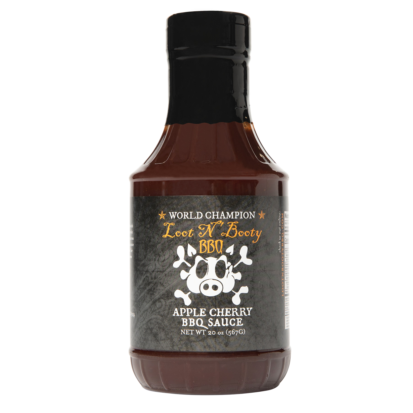 Bottle of World Champion Beef 'N' Booty Apple Cherry Sauce on a white background